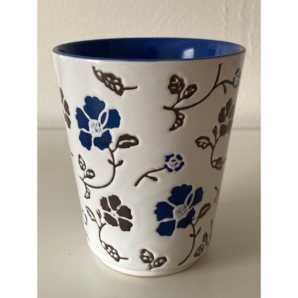 Pier 1 Imports Handpainted Stoneware Cup Mug White Blue Embossed Floral - Picture 3 of 9